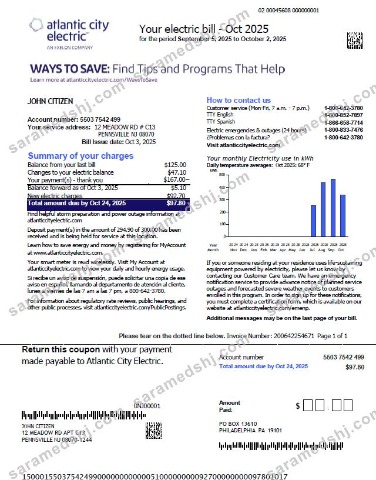 USA Atlantic City Electric utility bill template in Word and PDF formats